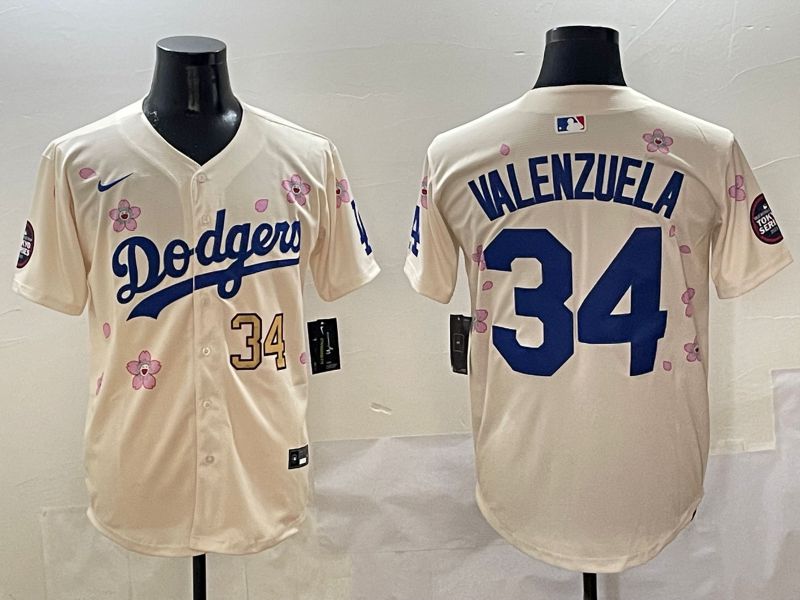 Men Los Angeles Dodgers 34 Valenzuela Cream White Blue Sakura Edition 2025 Nike MLB Jersey style 3